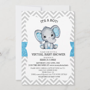 Virtuelles Blaues Elefant Chevron Glitter Baby Sho Einladung
