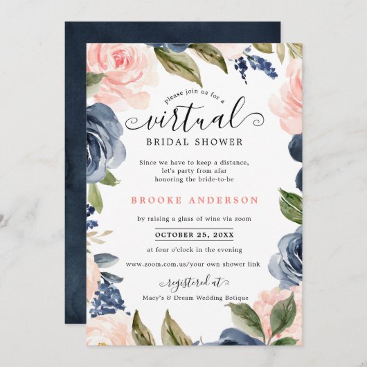 Virtuelles Brautparty für Navy Blue Blush Pink Ros Einladung (Vorne/Hinten)