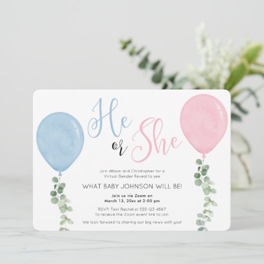 Virtuelles Geschlecht: Er oder sie Aquarellballon Einladung (Stehend Vorderseite)