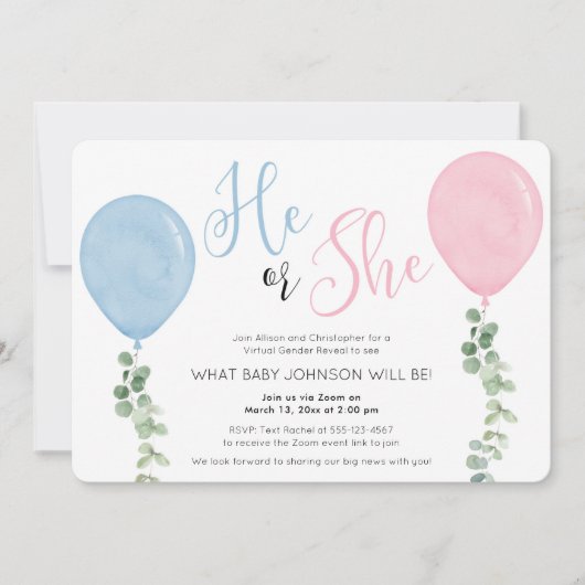 Virtuelles Geschlecht: Er oder sie Aquarellballon Einladung (Vorderseite)