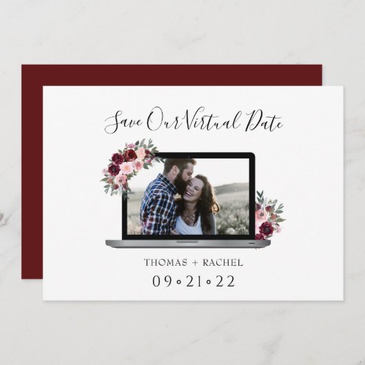 virtuelles Hochzeitklappenfolien für Bordeaux-Blum Save The Date (Vorne/Hinten)