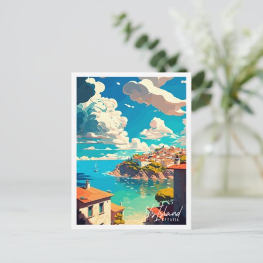 Vis Island Croatia Vintage Illustration Postkarte (Stehend Vorderseite)