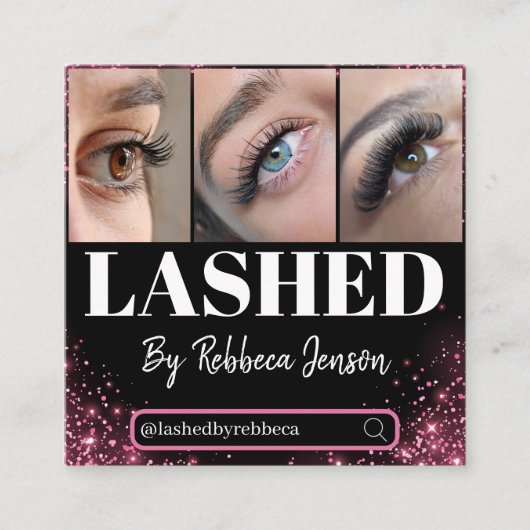 Visagist Wimpern Pink Glitter Schrift Quadratische Visitenkarte (Vorderseite)