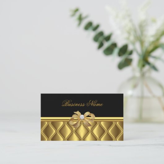 Visitenkarte Elegante Gold Bow Tile Schwarz (Stehend Vorderseite)