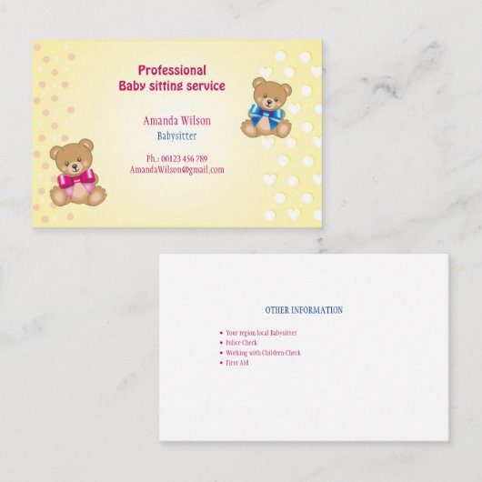 Visitenkarte für Babysitter (Vorne/Hinten)