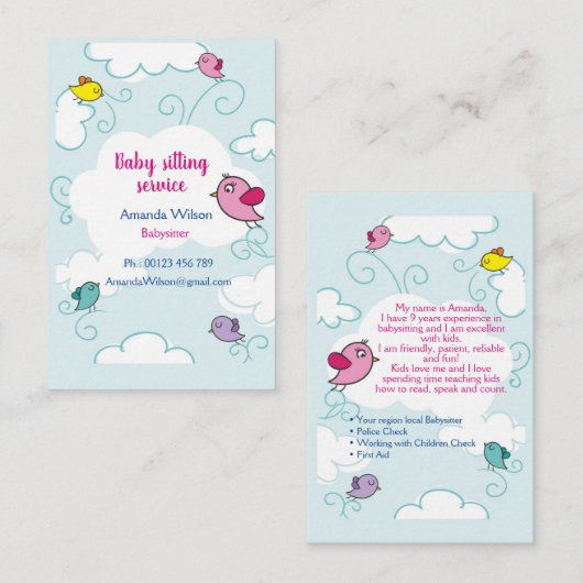 Visitenkarte für Babysitter und Kinderbetreuung (Vorne/Hinten)