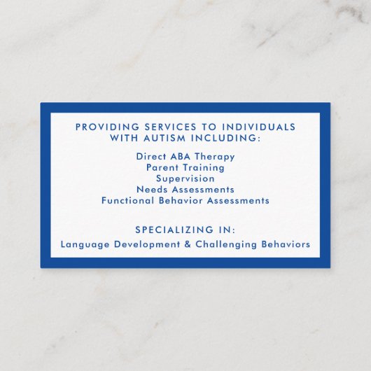 Visitenkarte für die Analyse des Autismus (Rückseite)