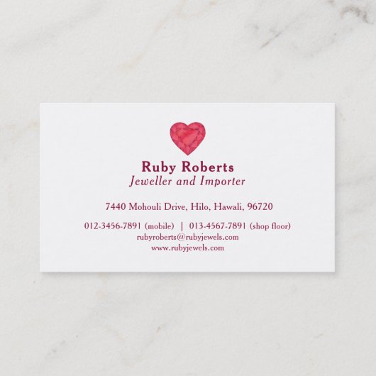 Visitenkarte für Ruby-Herz-Schmuck (Rückseite)