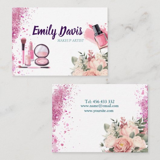 Visitenkartendesign-Make-up mit rosa Glitzer und Visitenkarte (Vorne/Hinten)