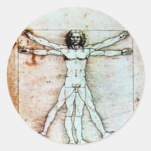 VITRUVIAN MAN , antikes braunes Pergament Runder Aufkleber (Vorderseite)