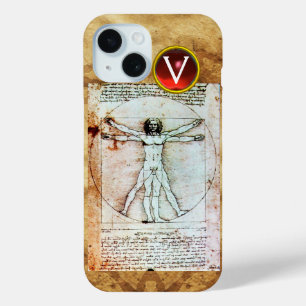 VITRUVIAN MAN Antique Parchment Red Ruby Monogram iPhone 15 Hülle