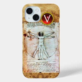 VITRUVIAN MAN Antique Parchment Red Ruby Monogram iPhone 15 Hülle