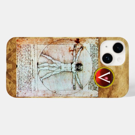 VITRUVIAN MAN Antique Parchment Red Ruby Monogram Case-Mate iPhone Hülle (Rückseite (Horizontal))