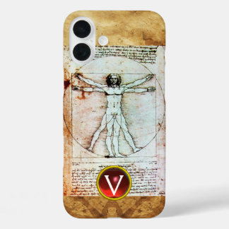 VITRUVIAN MAN Antique Parchment Red Ruby Monogram iPhone 16 Plus Hülle