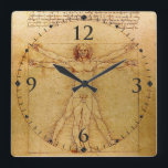 Vitruvian Man By Leonardo Da Vinci Quadratische Wanduhr<br><div class="desc">Vitruvian Man-A 14. Jahrhundert Illustration durch den italienischen Maler, Wissenschaftler und Erfinder Leonardo Da Vinci. Im Englischen bedeutet es 'Die Proportionen des menschlichen Körpers' Das zeichnend ist nach dem Architekten Vitruvius benannt, dessen Noten Da Vinci mit ihm verbunden sind. Es wurde mit Stift und Tinte auf Papier gemacht, und zeigt...</div>