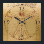 Vitruvian Man By Leonardo Da Vinci Quadratische Wanduhr<br><div class="desc">Vitruvian Man-A 14. Jahrhundert Illustration durch den italienischen Maler, Wissenschaftler und Erfinder Leonardo Da Vinci. Im Englischen bedeutet es 'Die Proportionen des menschlichen Körpers' Das zeichnend ist nach dem Architekten Vitruvius benannt, dessen Noten Da Vinci mit ihm verbunden sind. Es wurde mit Stift und Tinte auf Papier gemacht, und zeigt...</div>