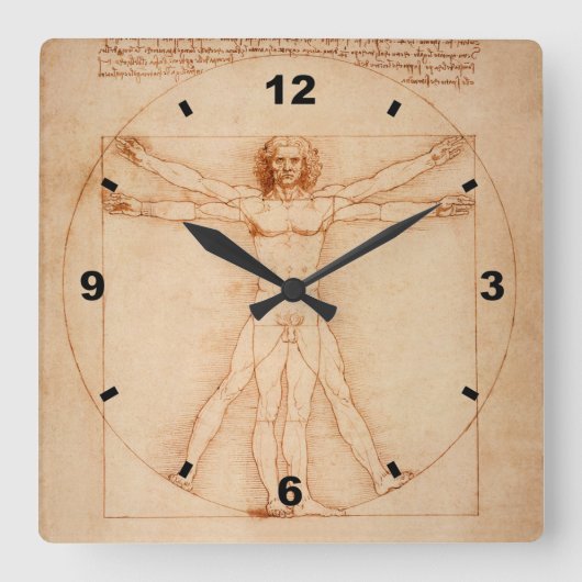 Vitruvian Man ~ Leonardo da Vinci ` 1490 ` Venice Quadratische Wanduhr (Vorderseite)