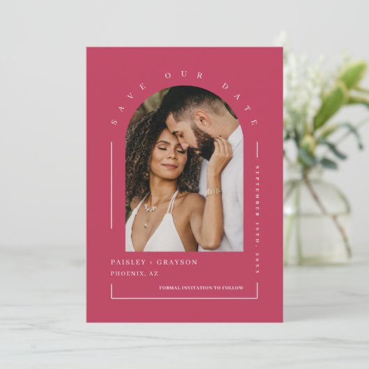 Viva Magenta Boho Arch Foto QR Code Rettete Unser  Einladung (Stehend Vorderseite)