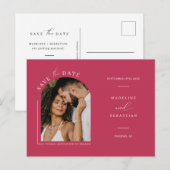Viva Magenta Boho Arch Foto QR-Code Save the Date Postkarte (Vorne/Hinten)