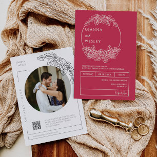 Viva Magenta Botanische Linie Art QR Code Foto Einladung