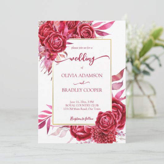 Viva magenta crimson burgundy Blume Rose Einladung (Stehend Vorderseite)