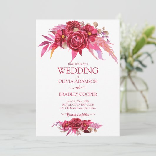 Viva magenta crimson burgundy Blume Rose Einladung (Stehend Vorderseite)