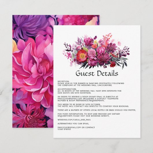 Viva Magenta Floral Wedding Gastdetails Begleitkarte (Vorne/Hinten)
