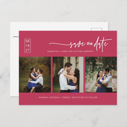 Viva Magenta Minimaler QR-Foto-Code Save the Date Postkarte (Vorne/Hinten)