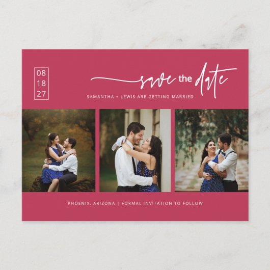 Viva Magenta Minimaler QR-Foto-Code Save the Date Postkarte (Vorderseite)