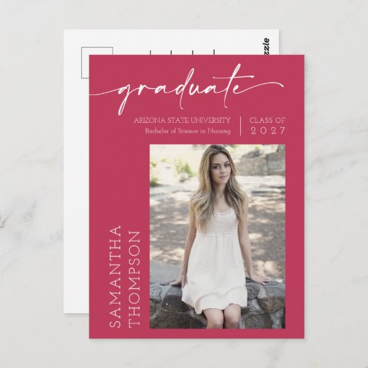 Viva Magenta Minimalskript Sie tat es Foto Grad Postkarte (Vorne/Hinten)