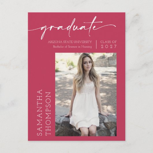 Viva Magenta Minimalskript Sie tat es Foto Grad Postkarte (Vorderseite)