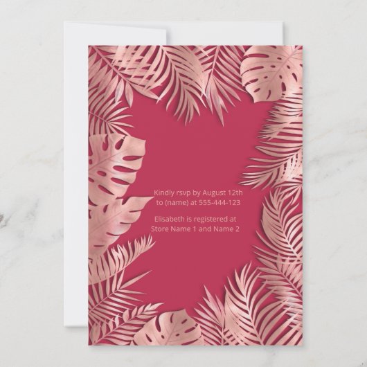 Viva magenta Rose Goldene tropische Blätter Romant Einladung (Rückseite)