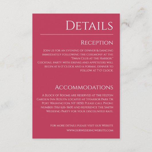 Viva Magenta und White Wedding Details- Begleitkarte (Vorderseite)