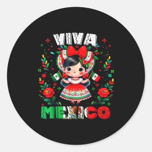 Viva Mexico Mexican Girl Flag Independence Day Gir Runder Aufkleber (Vorderseite)