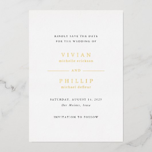 Vivian Simple Elegant Wedding Save the Date Folieneinladung (Vorderseite)