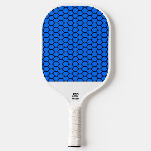 Vivid Blue Black Tiled Honeycomb Muster auf Weiß Pickleball Schläger (Rückseite)