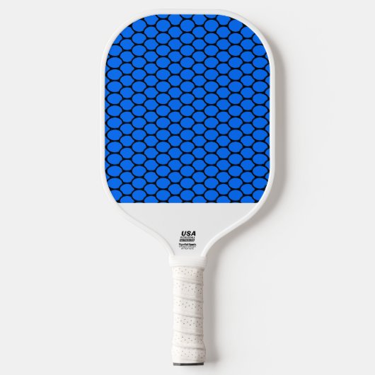 Vivid Blue Black Tiled Honeycomb Muster auf Weiß Pickleball Schläger (Vorderseite)