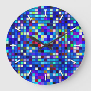 Vivid Blue Multicolored Square Tiles Pattern Große Wanduhr