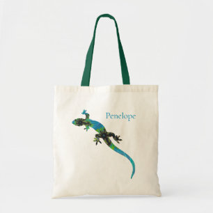 Vivid Blue und Green Fraktal Lizard mit Name Tragetasche
