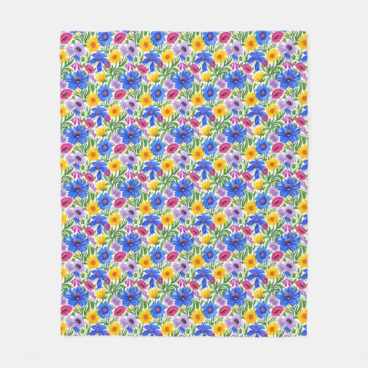 Vivid Blue Yellow Red Purple Flowers Pattern Fleecedecke (Vorderseite)