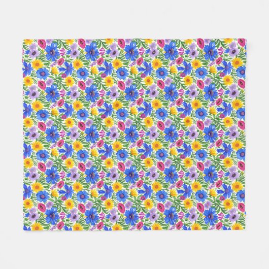 Vivid Blue Yellow Red Purple Flowers Pattern Fleecedecke (Vorderseite (Horizontal))