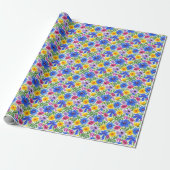 Vivid Blue Yellow Red Purple Flowers Pattern Geschenkpapier (Ungerollt)