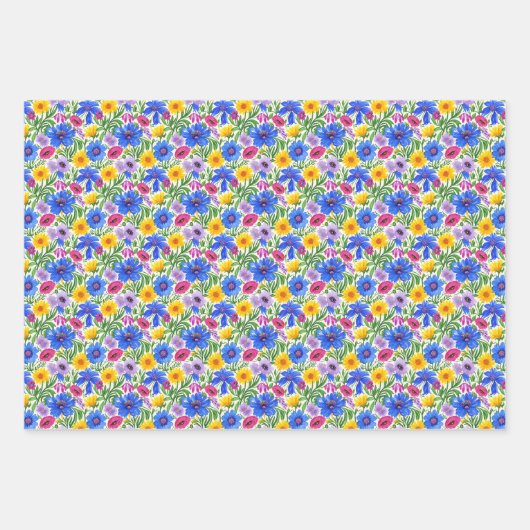 Vivid Blue Yellow Red Purple Flowers Pattern Geschenkpapier Set (Vorderseite)