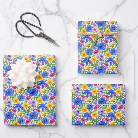 Vivid Blue Yellow Red Purple Flowers Pattern Geschenkpapier Set (Vorderseite)