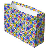 Vivid Blue Yellow Red Purple Flowers Pattern Große Geschenktüte (Rückseite Schrägansicht)