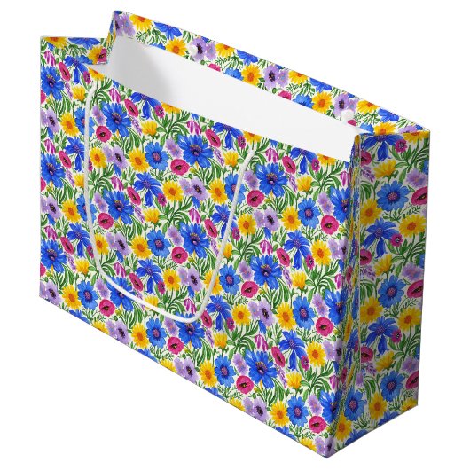 Vivid Blue Yellow Red Purple Flowers Pattern Große Geschenktüte (Vorderseite Schrägansicht)