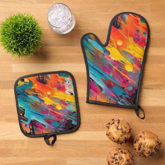 Vivid Chaos Splash Graffiti Ofenhandschuh & Topflappen-Set (Oben Unten)