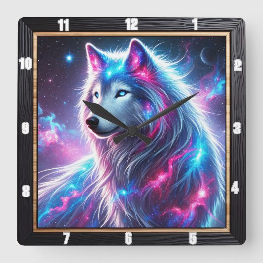 Vivid Galaxy Wolf Vibrant Celestial und Ethereal Quadratische Wanduhr (Vorderseite)