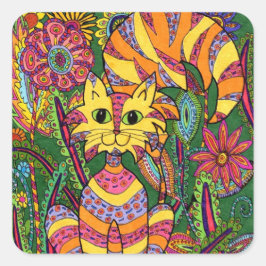 Vivid Garden Cat 2 Quadratischer Aufkleber
