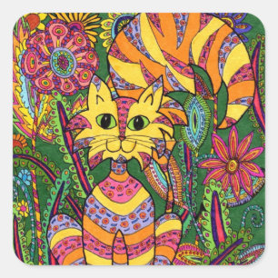 Vivid Garden Cat 2 Quadratischer Aufkleber